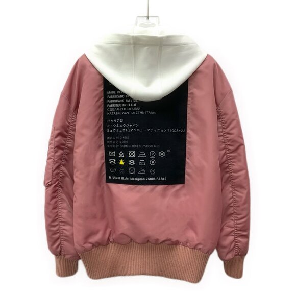 Miu Miu Pink Long-Sleeved Bomber Jacket W/ White Attached Hoodie & Zipper Closur - Picture 2 of 8